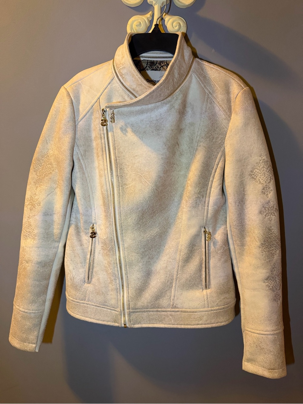 Desigual Cream Asymmetrical Zip Faux Leather Moto Jacket